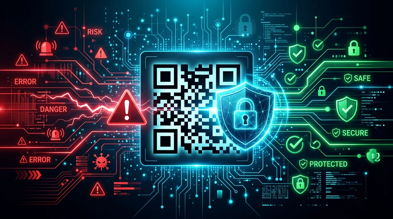 QR code security analysis showing safe and dangerous QR codes with shield protection and warning indicators