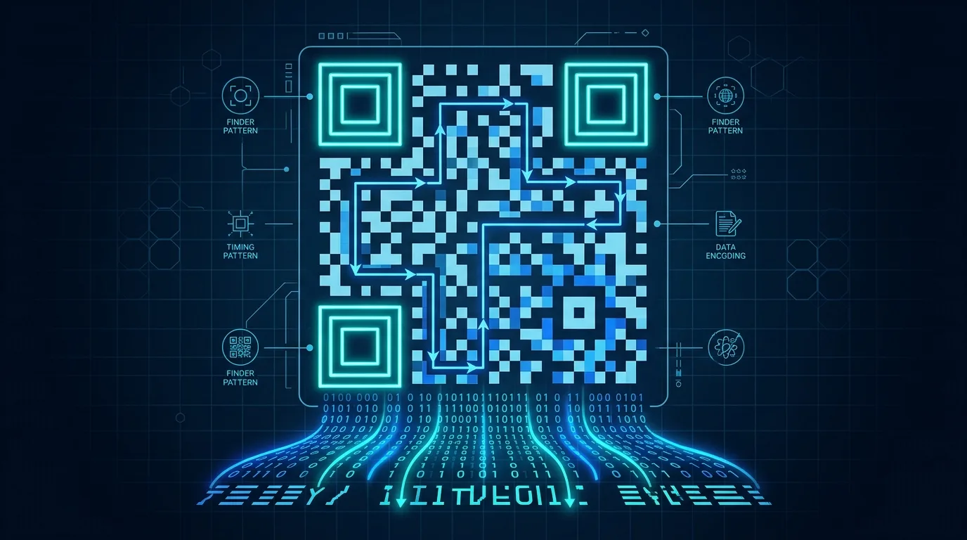 QR code decoder technical diagram showing finder patterns, timing patterns, data encoding, and binary data extraction process
